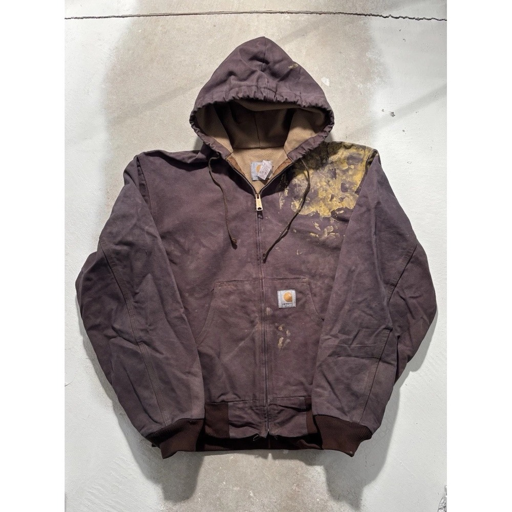Vintage Carhartt Hooded Work Jacket Brown Distressed Paint Splatter Thermal Line